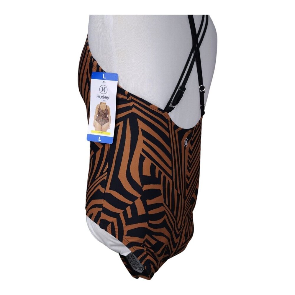 Hurley One Piece Swimsuit Brown Animal Print Size Large UPF 50 V-Neck With Bra - Picture 8 of 9